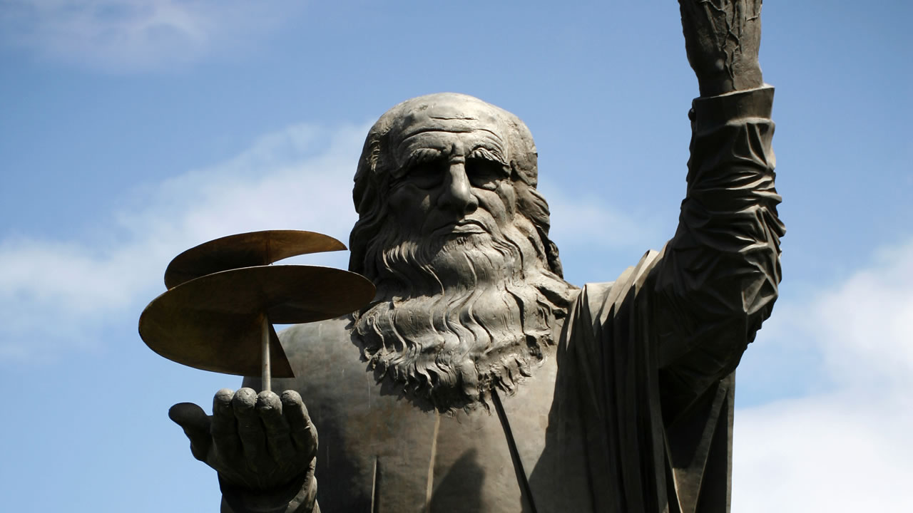 Leonardo da Vinci bronze sculpture display outside the terminals of Rome-Fiumicino airport.